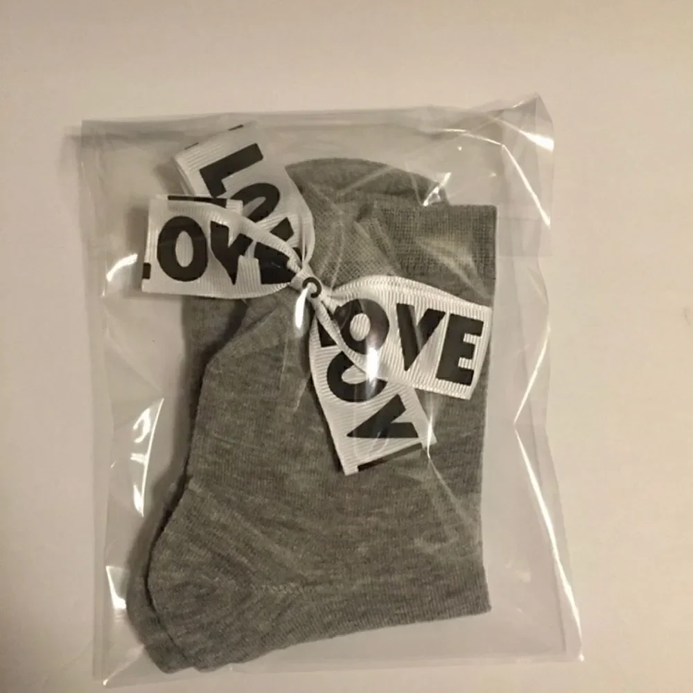 Women's Gray LOVE Bow Ankle Socks Coquette Ribbon Cotton Blend One Size